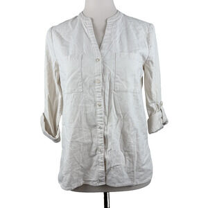 Nine West Small Ivory Linen Blend Button Top Rolltab Sleeve Casual Cottagecore
